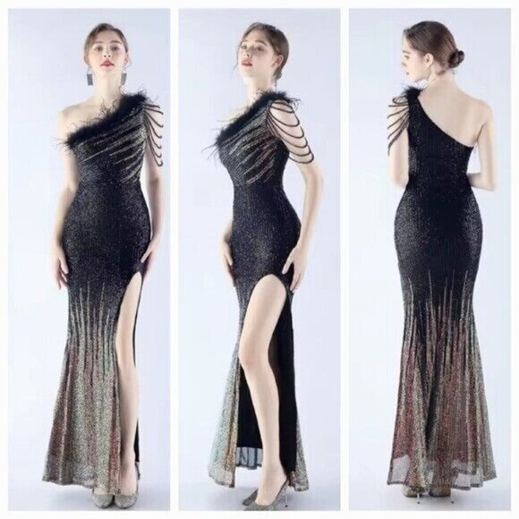 Black, One Shoulder Beaded, Gradient ,  Feather Neckline,  Sequined Mermaid Gown - Picture 1 of 16